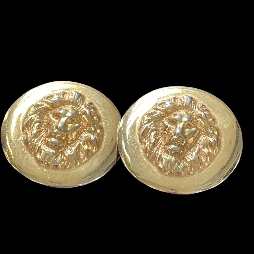Lion Head Clip On Earrings Roaring Vtg 1980’s Gold Tone Medallion Accessocraft
